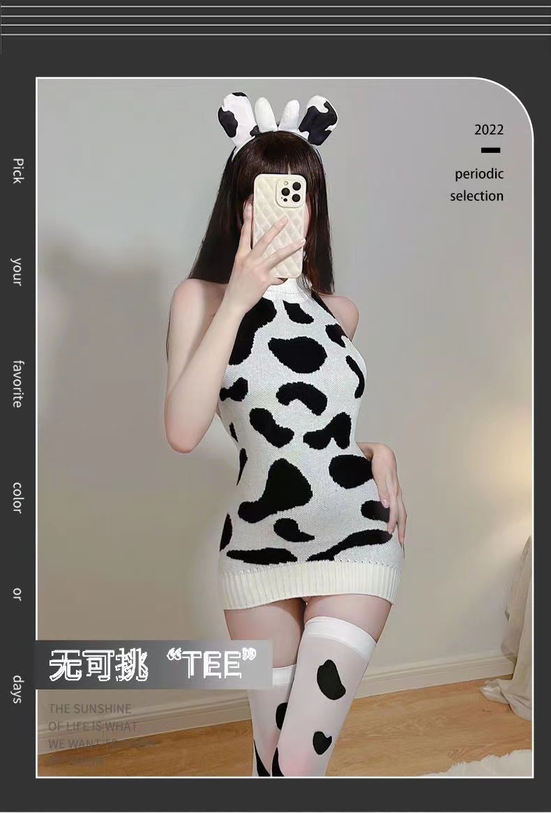 Cow Maid Knit Sweater Costume Set with Socks and Ears, Backless Open-Knit Design — detail image 2