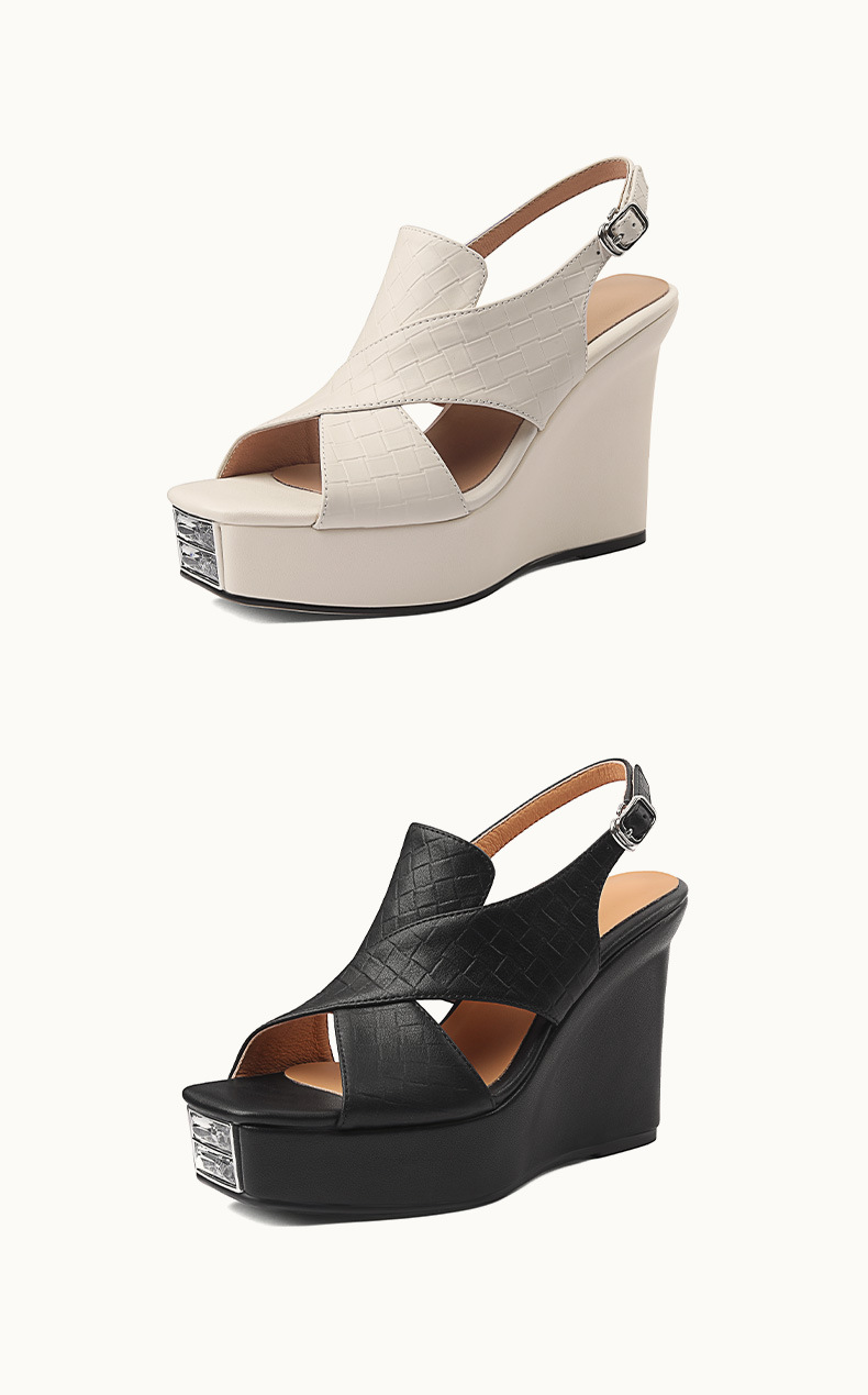 Sandal cao gót nữ mũi hở đế xuồng phong cách La Mã — Màu đen chi tiết 10