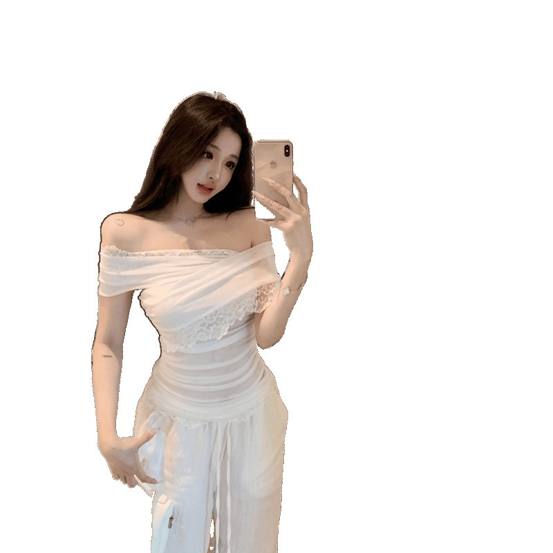 バレエガールの高級で美しいワンショルダーパッチワークメッシュレース気質Tシャツレディーストップス|undefined