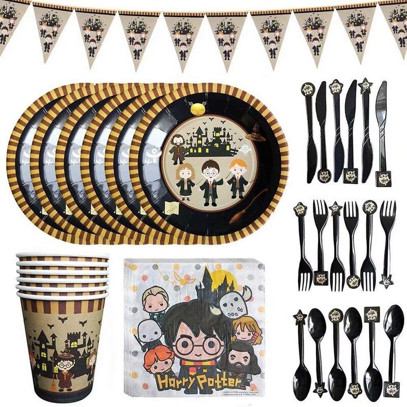 Cartoon Harry Potter Theme Birthday Party Supplies Birthday Flag Tablecloth Paper Cup Paper Plate Tableware Supplies Set