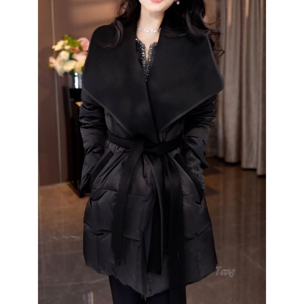 Korean Style Lady Style Lace-Up Waist Warm down Jacket for Women Winter New Style Large Lapel Slim Jacket 8477