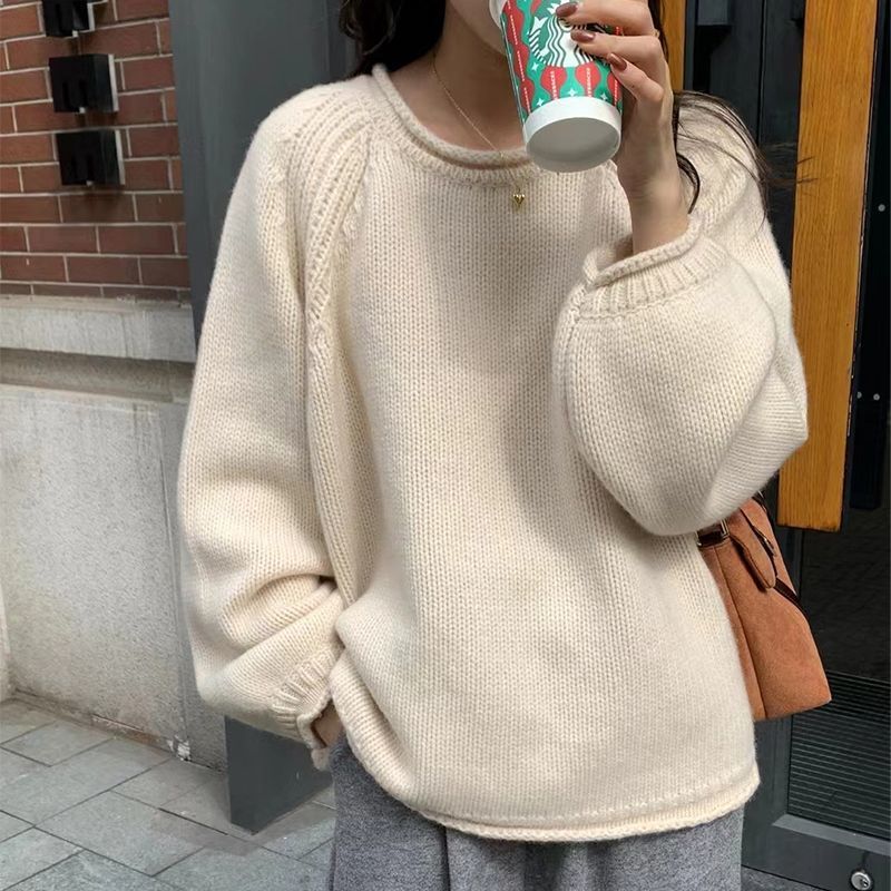 法式洋气黄色针织衫毛衣套头新款女秋季粗棒针宽松慵懒风上衣|undefined