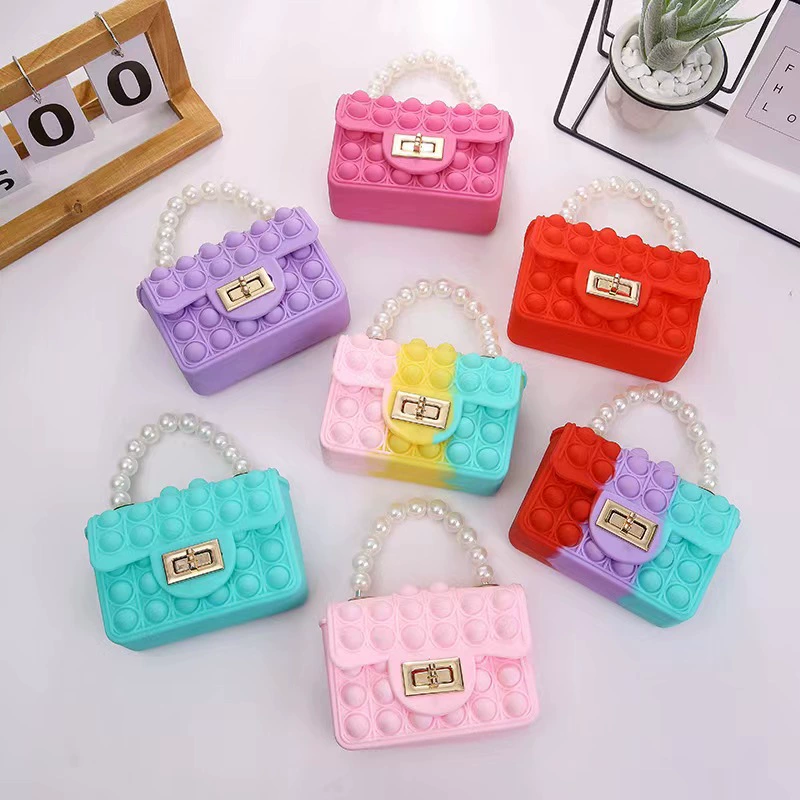 Silicone children's double-sided shoulder bag, chain from pearl, wallet