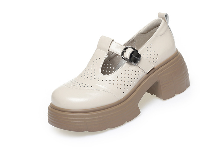 Sandal cao gót đế dày nữ hở mũi, thoáng khí mùa hè, da thật — Màu be chi tiết 23
