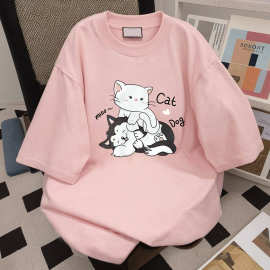 纯棉短袖t恤猫咪越南泰国缅甸跨境圆领女装上衣透气印图案可爱