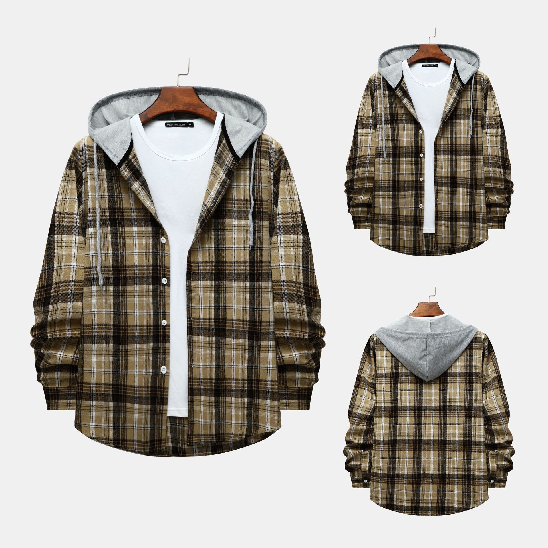 Camisa a cuadros con capucha transfronteriza para hombres 2023 Comercio exterior otoño Harajuku estilo camisa a cuadros con capucha para hombres camisa casual estilo Hong Kong