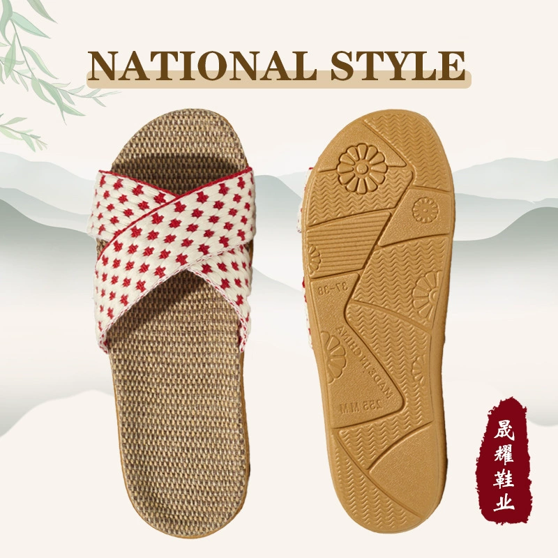 Внешняя торговля Новый этнический стиль льняные тапочки дышащие и тихие домашние напоенные перетаскивания