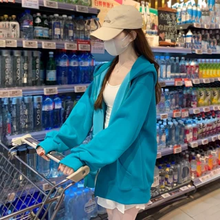 湖蓝色连帽卫衣外套女2026新款早秋季长袖拉链开衫宽松慵懒风上衣