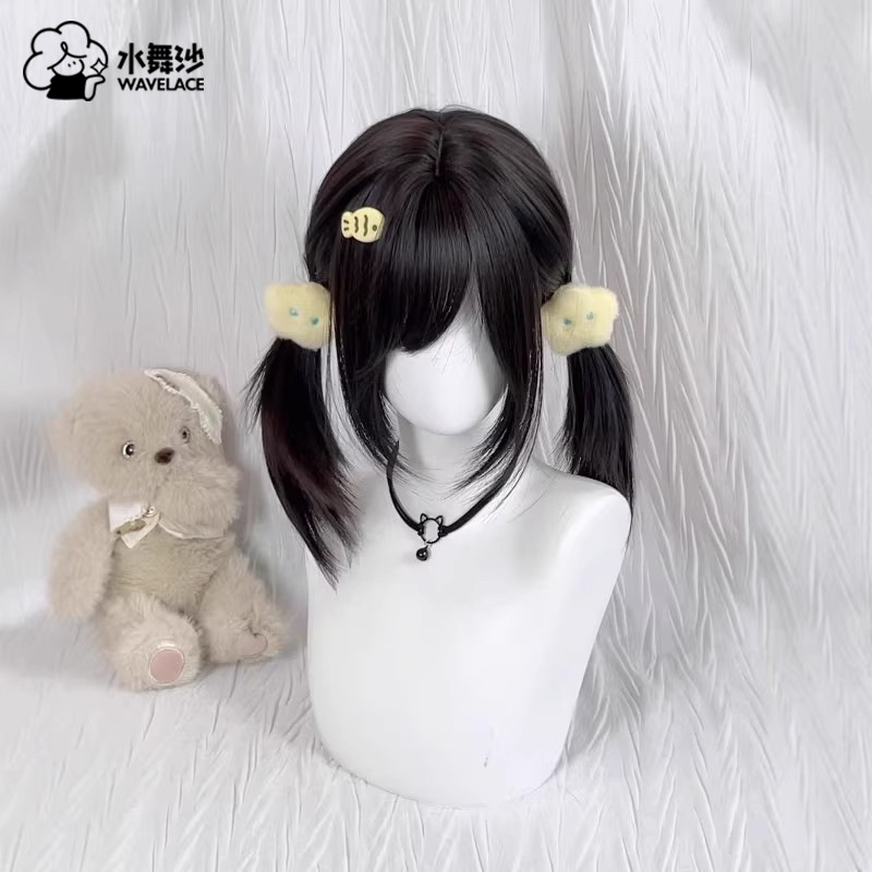 Short Hair Wig for Women, High-Layered Diagonal Bangs, Collarbone-Length Hair, Japanese Lolita Style, Double Ponytails, Full Head Wig