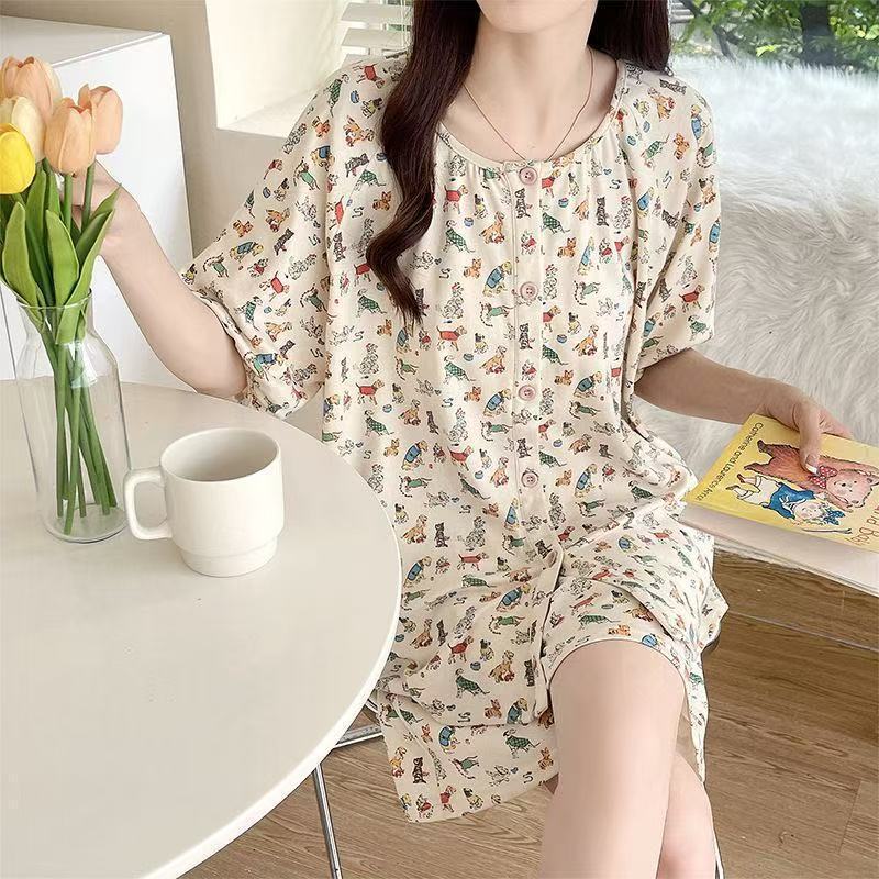 2025 lindo traje de pijama de lunares de oso de estilo ins para mujer cárdigan de cuello redondo de verano suelto y se puede usar en el hogar