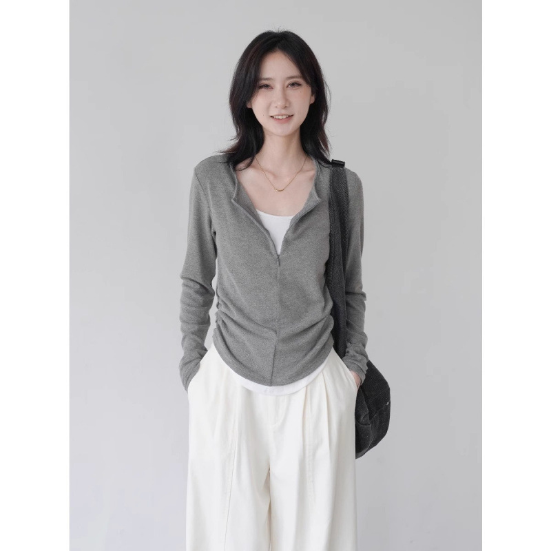 Fake Two-piece Cotton Slim-fit Contrast Color T-shirt Pleated Tight Waist New Autumn Pure Desire Style Slimming Base Long Sleeve Top