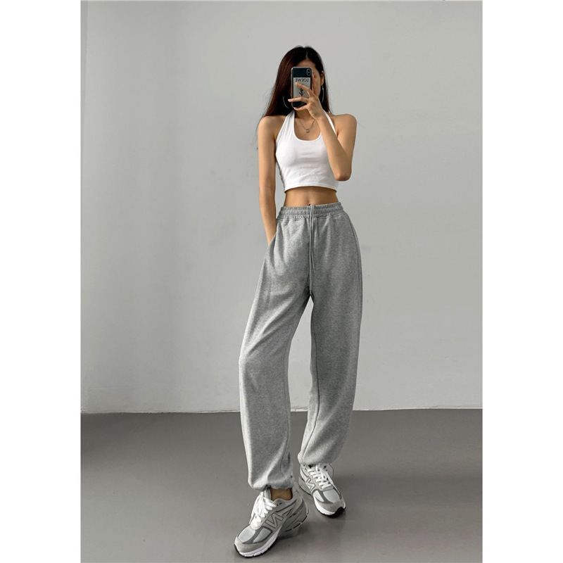 Black and Grey Sports Pants Women's Loose Legs Autumn Thin 2022 New Slimming All-match Drawstring Wide Leg Casual Pants