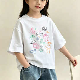 女童短袖T恤夏季圆领纯棉儿童半袖新款百搭可爱夏装童装卡通上衣