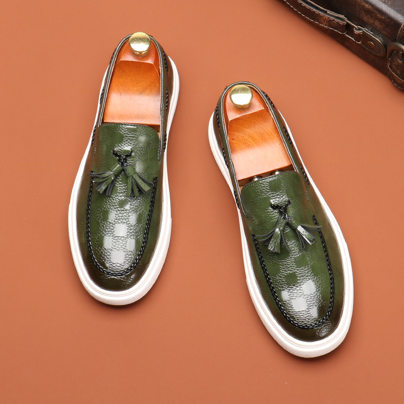 New bean shoes men's loafer English fringe advanced slip-on_vogvips.com