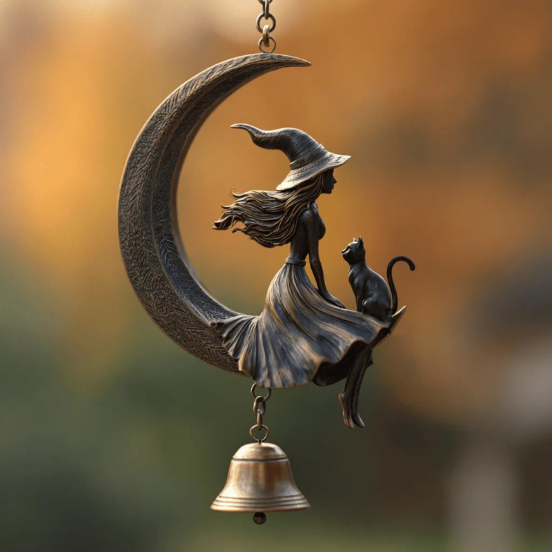 Spellbinding Witch & Black Cat Moon Bell Charm|undefined