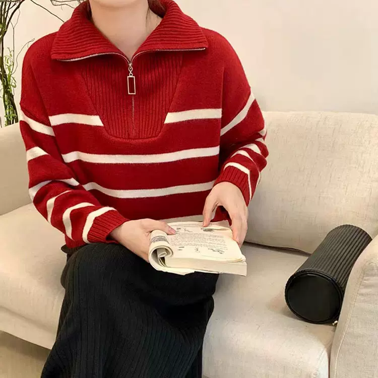 毛衣女2023秋冬韩版条纹套头半拉链翻领长袖休闲针织衫女内搭高领