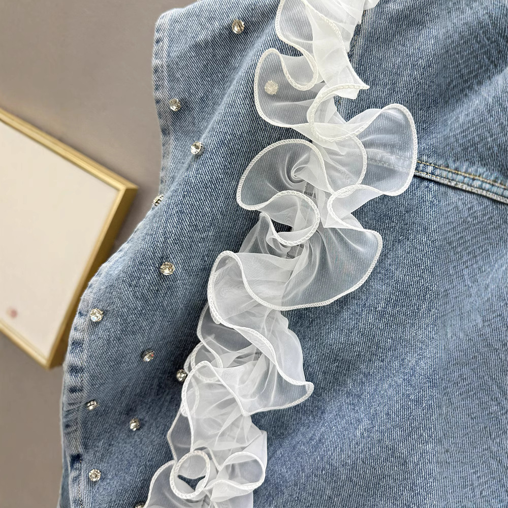 Europa diamante chaleco denim mujer primavera 2025 nuevo suelto delgado sin mangas chaleco de hombro chaqueta marca de moda