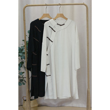 2465秋女士棉麻撞色线手工盘扣圆领中裙禅意宽松连衣裙