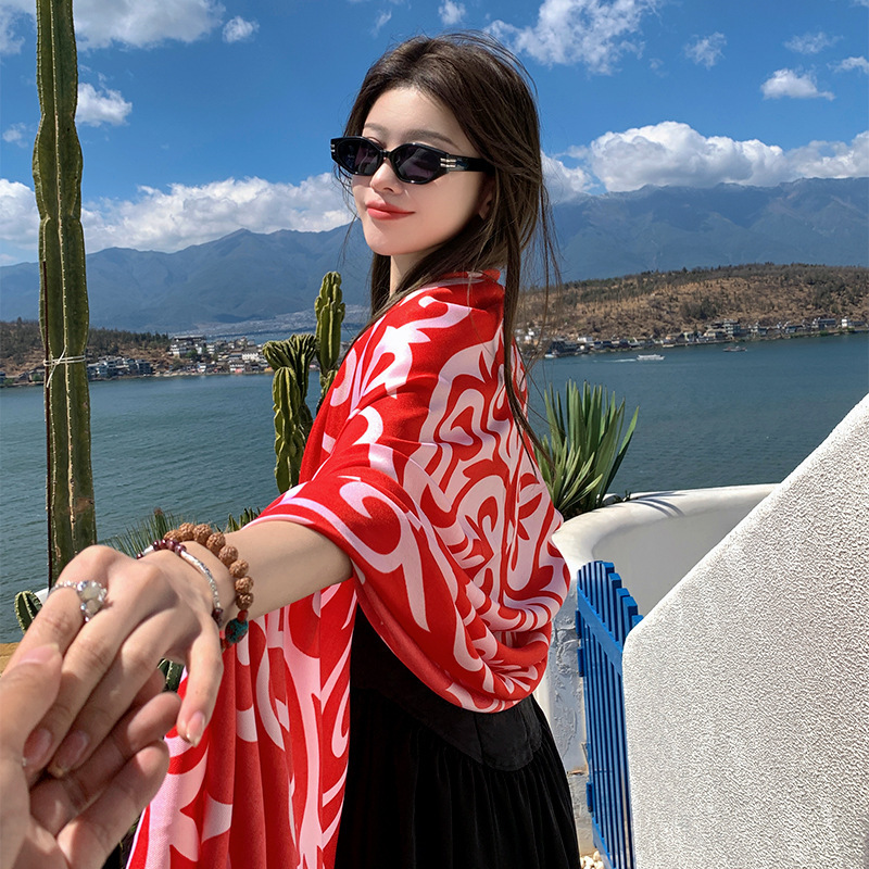 2023 estilo étnico rojo impreso viaje gran bufanda algodón y lino sensación Toalla de Playa Mujeres protector solar a prueba de sol chal largo