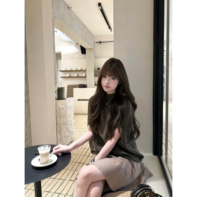 Maillard Half Turtleneck Cape Knitwear Sweater Top High Waist Pleated Skirt Autumn and Winter Suit