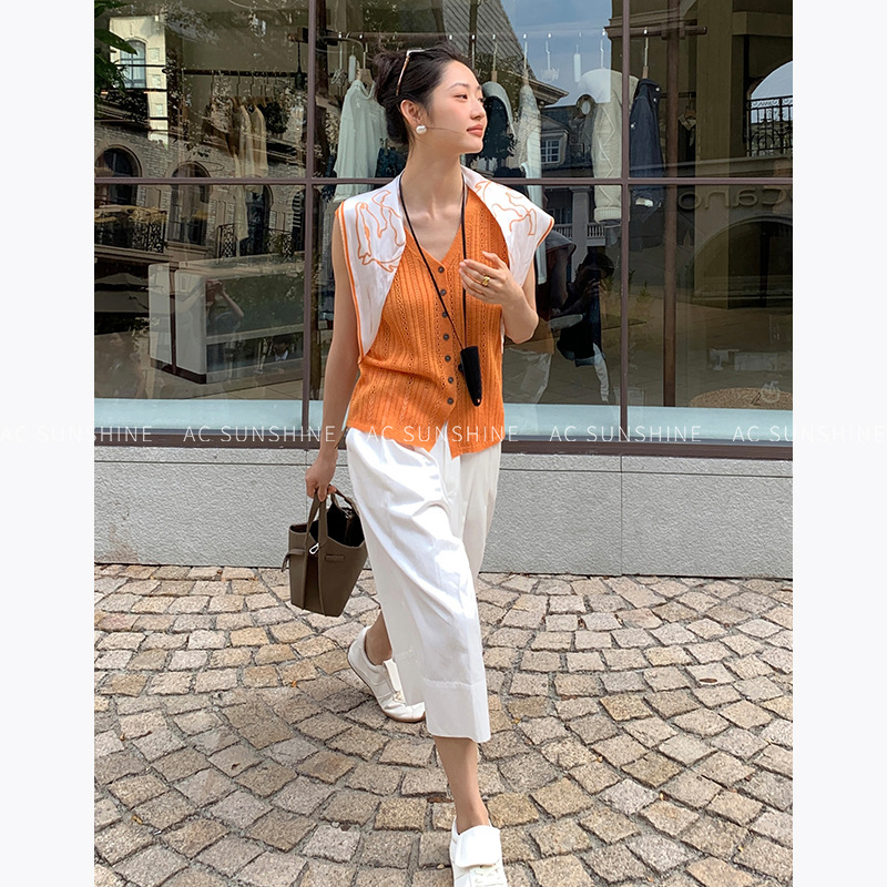 AC SUNSHINE精致镂空休闲单排扣V领无袖针织马甲开衫背心女H19638