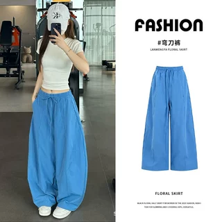 蓝色弯刀阔腿裤女夏薄2026新款美式速干工装裤慵懒宽松冰丝运动裤