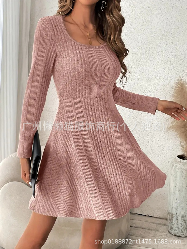2025新款时尚休闲欧美风针织连衣裙 方领收腰大摆裙跨境女装批发|undefined