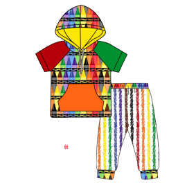 欧美精品店童装外贸批发彩色笔竖条女孩夏季短袖帽衫套装