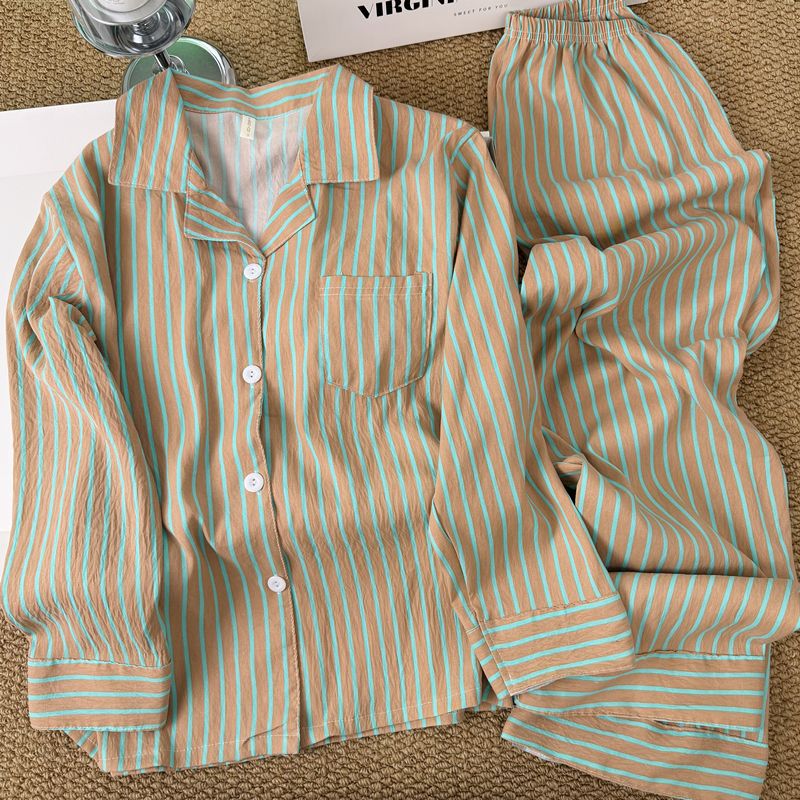 Coreano simple contraste rayas pijamas mujeres 2026 nuevo verano relajado pantalones largos de manga larga ropa para el hogar dos piezas
