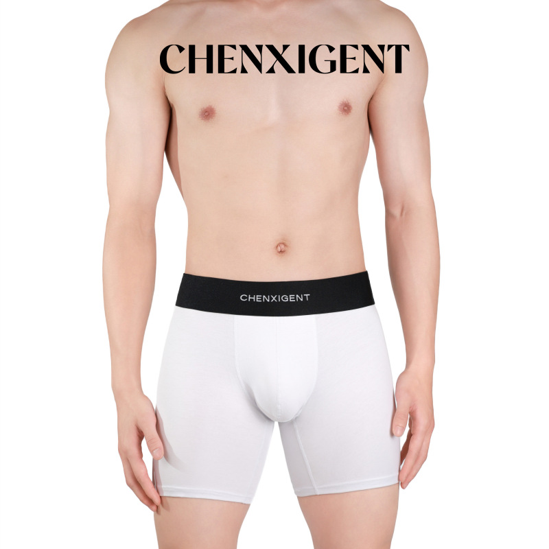 Chenxi Gentleman Men's White Long Boxer Briefs Combed Cotton Stretch Sports Style Boxer Shorts