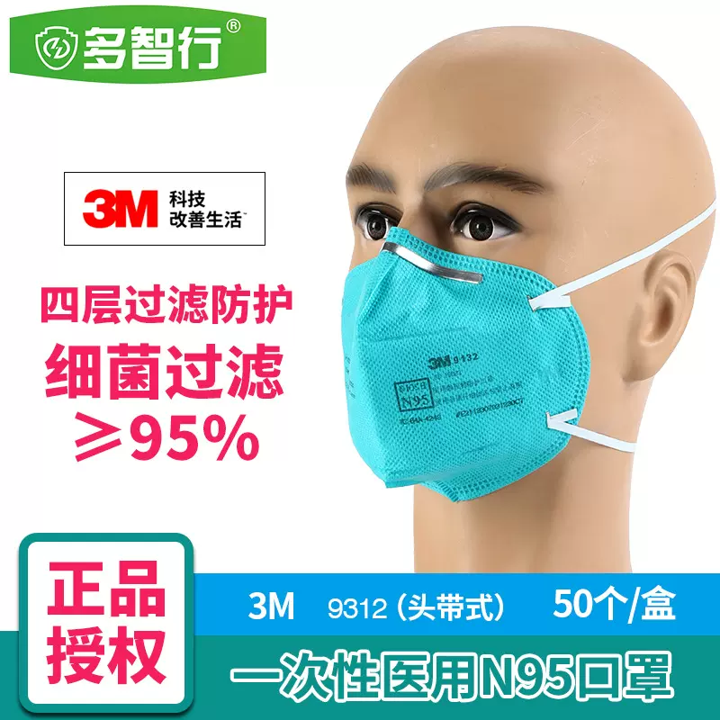 3M9132医用防护口罩N95防尘防颗粒物防飞沫口罩头戴式独立包装