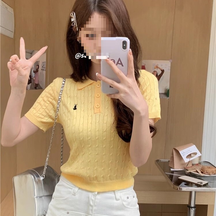 韩系麻花小衫女夏季冰丝透气针织短袖polo领t恤设计感刺绣上衣ins|undefined