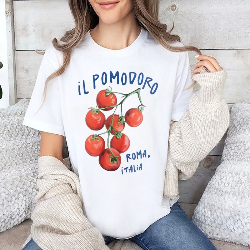 亚马逊热卖新款POMODORO一串番茄印花个性时尚女装宽松纯棉T恤|undefined
