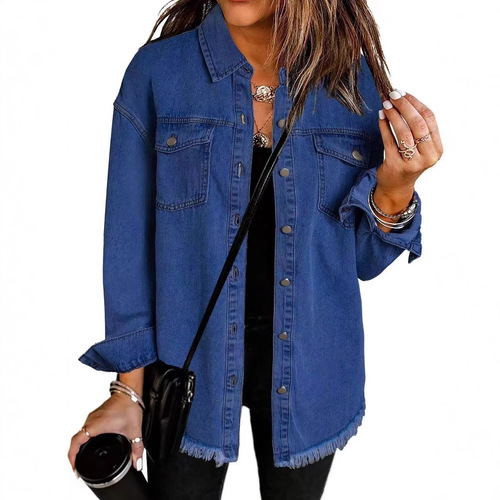 Cross-border new water-washed denim jacket 2024 European and American women's autumn and winter personalized street style frayed hem coat