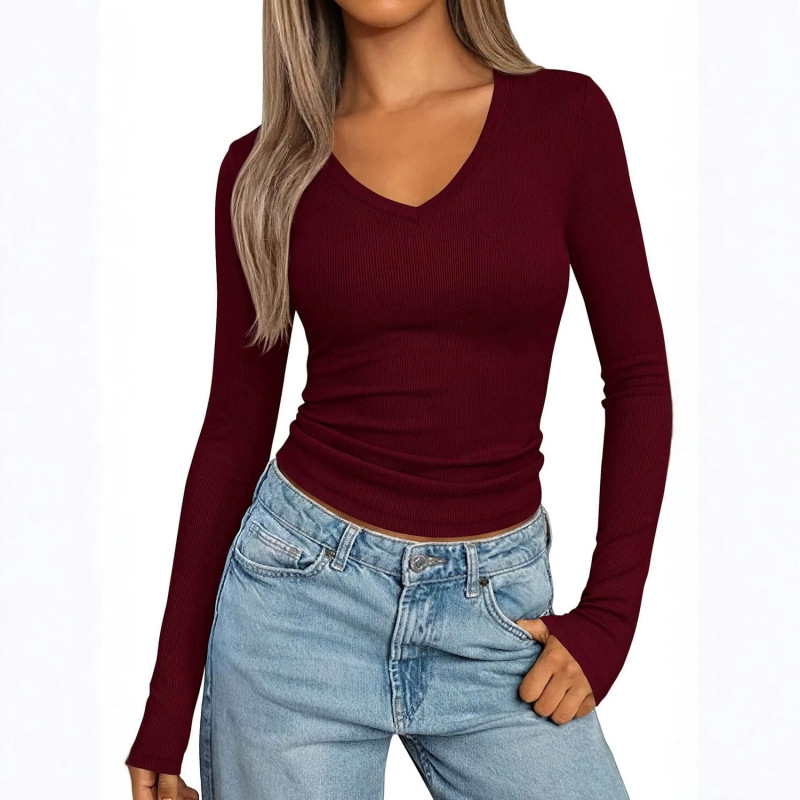 Women's Long-Sleeved Shirt 2026 Amazon Autumn V-Neck Basic Casual Ribbed Outerwear Top