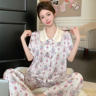 [Pastoral Rabbit] New Ice Silk Pajamas Women's Satin Soft Silk Sweet Short-Sleeved Suit Bunny Home Clothes Three-Piece Set