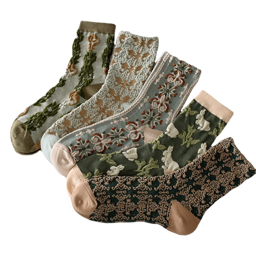 Calcetines de algodón de marca de la ciudad de Liaoyuan calcetines de media pantorrilla jacquard tridimensional calcetines de primavera y otoño medias de estilo Harajuku de las mujeres moda retro gruesa