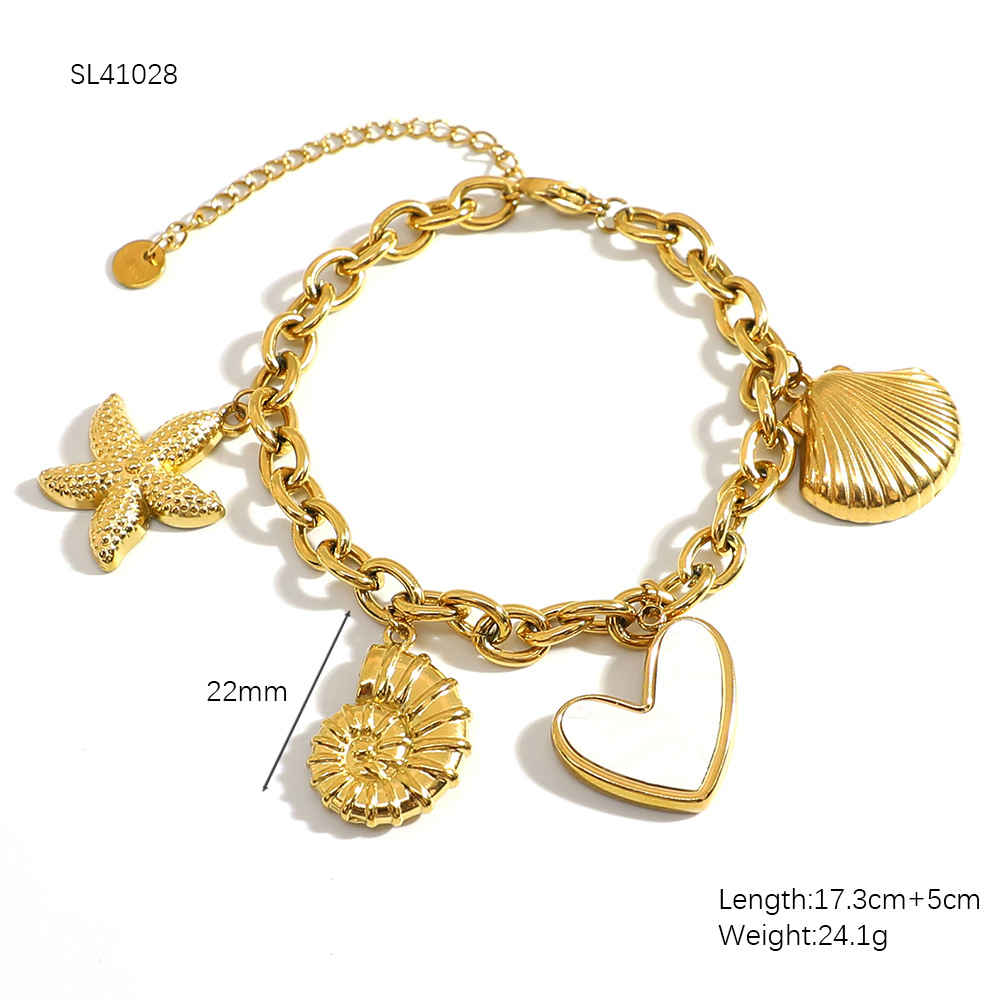 29g Weight 0.03µm-0.05µm Gold Plating Thickness PVD Coated Real Gold Plated Starfish Conch Heart Shape 304 Stainless Steel Marine Style IG Waterproof Non Tarnish Bracelets