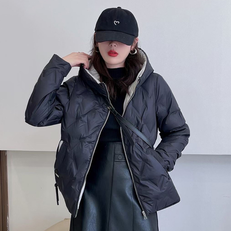 跨境秋冬新款羽绒服女短款保暖白鸭绒菱格时尚连帽韩版休闲外套潮|undefined