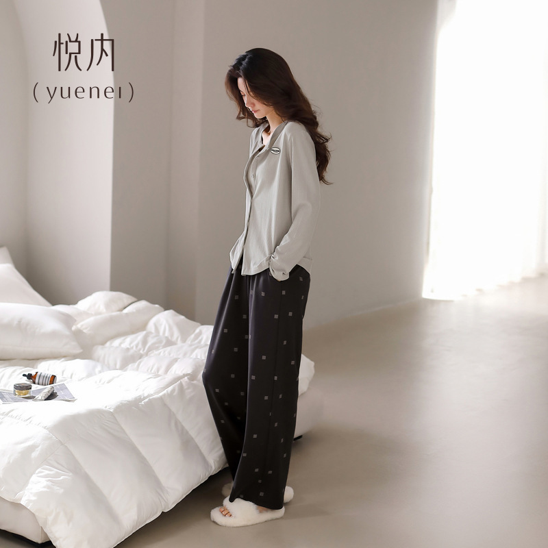 悦内睡衣女春秋季秋款纯棉长袖长裤家居服休闲开衫套装可外穿出门|undefined