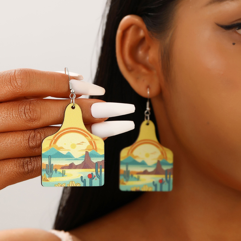Cappello da cowboy in stile sportivo pastorale occidentale, dipinto di paesaggio di cactus, orecchini in legno acrilico da donna_voghion.com