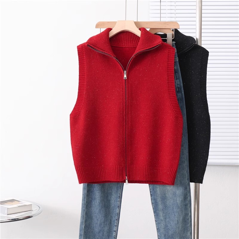 Stand Collar double zipper cardigan sweater women's vest sweater short sleeveless vest stacked top coat