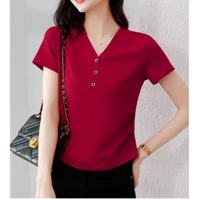 Summer Fashion V-Neck Short-Sleeved T-Shirt for Women 2026 New Style Mom's Wear Korean Style Slim-Fitting Slim Shirt Casual Top Trendy