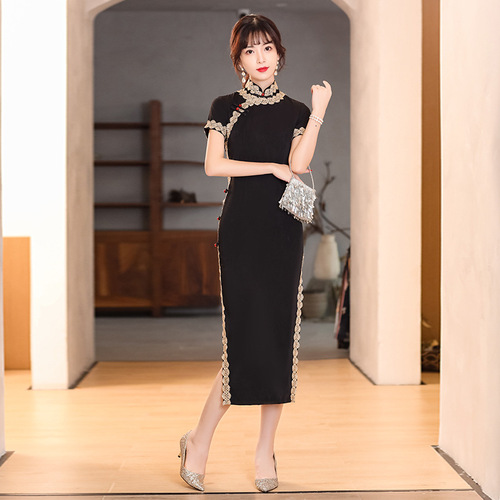 Rea black lace Chinese Dresses Retro oriental Qipao Cheongsam dress for women girls elegant black jacquard restoring ancient ways cheongsam