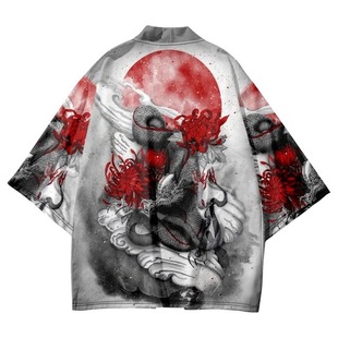 2023 Foreign Trade Japanese-style Ukiyo-e Series Element Cape Kimono Robe All-match Cardigan Seven-sleeve Shirt Summer