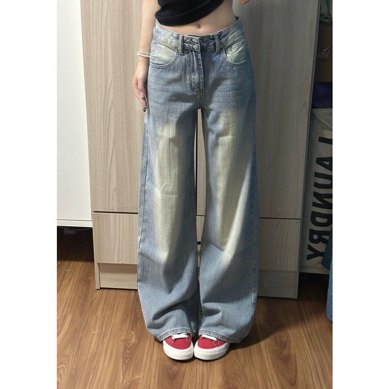 Petite American-Style Casual Bamboo Texture Jeans for Spring, Summer, and Autumn, Versatile Loose Wide-Leg Lazy Silhouette Long Pants