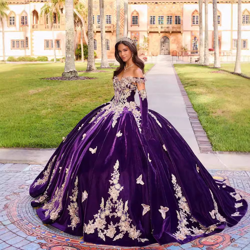 Sequin Embroidered Velvet Purple Sweet Adult Ceremony dress One-Shoulder Golden Floral Princess Prom Skirt Sequin Embroidered Velvet Purple Sweet Adult Ceremony dress One-Shoulder Golden Floral Princess Prom Skirt