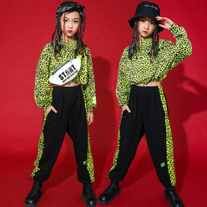 Children girls boys yellow leopard printed hip-hop jazz dance costumes high waist model show clothes rapper singers gogo dancers performance outfits for girl