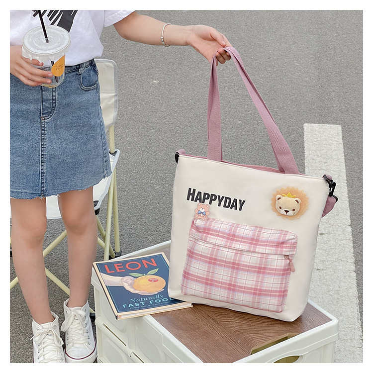 Kid's Medium Spring&summer Canvas Plaid Cute Square Zipper Tote Bag display picture 2