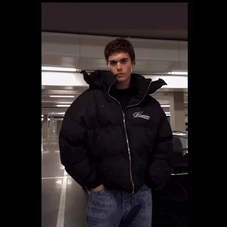 街头复古时尚秋冬户外个性保暖拉链加厚个性男女棉服亮片烫钻批发